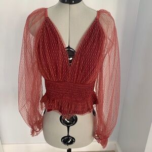 Anthropologie Tulle Blouse With Sheer Puff Sleeves in Wine Size